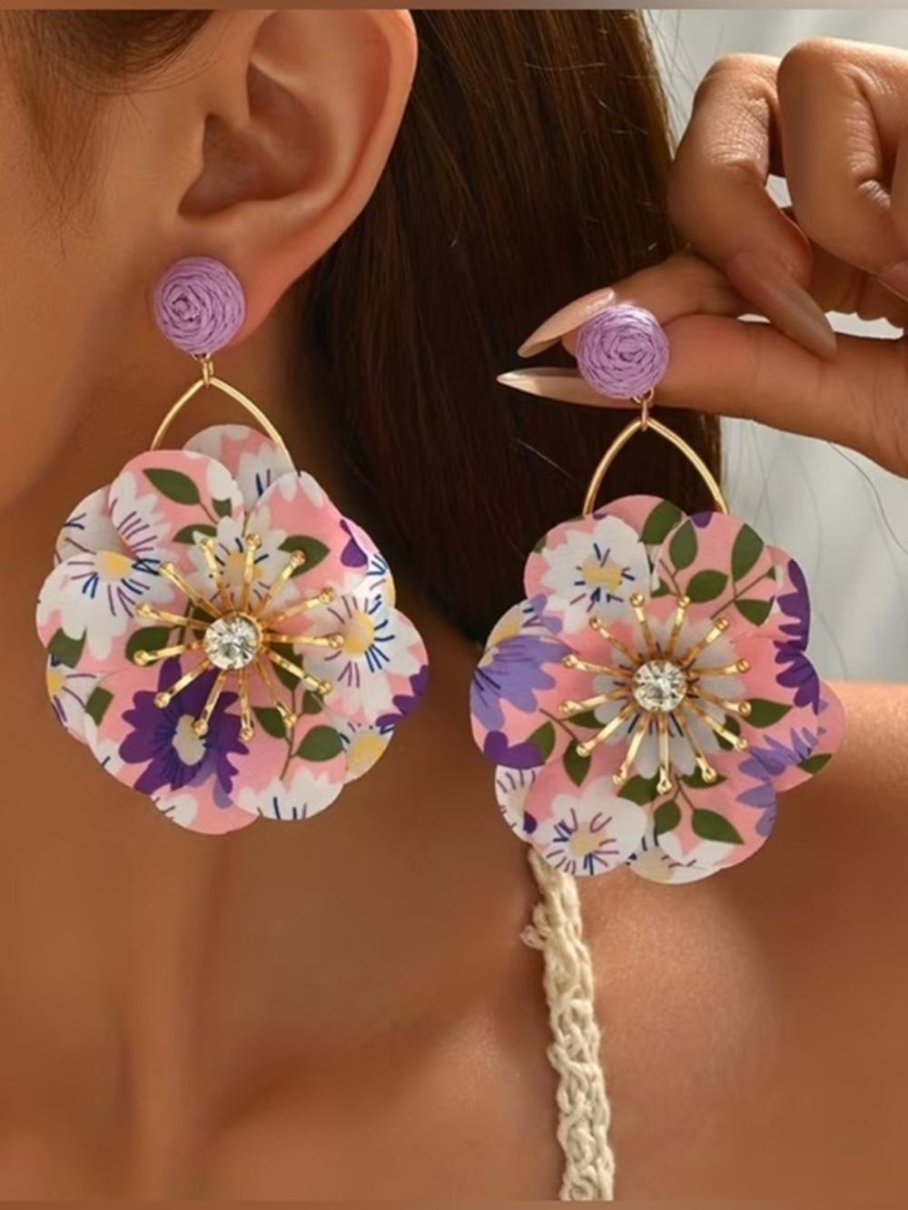 Floral Pink & Purple Statement Drop Earrings
